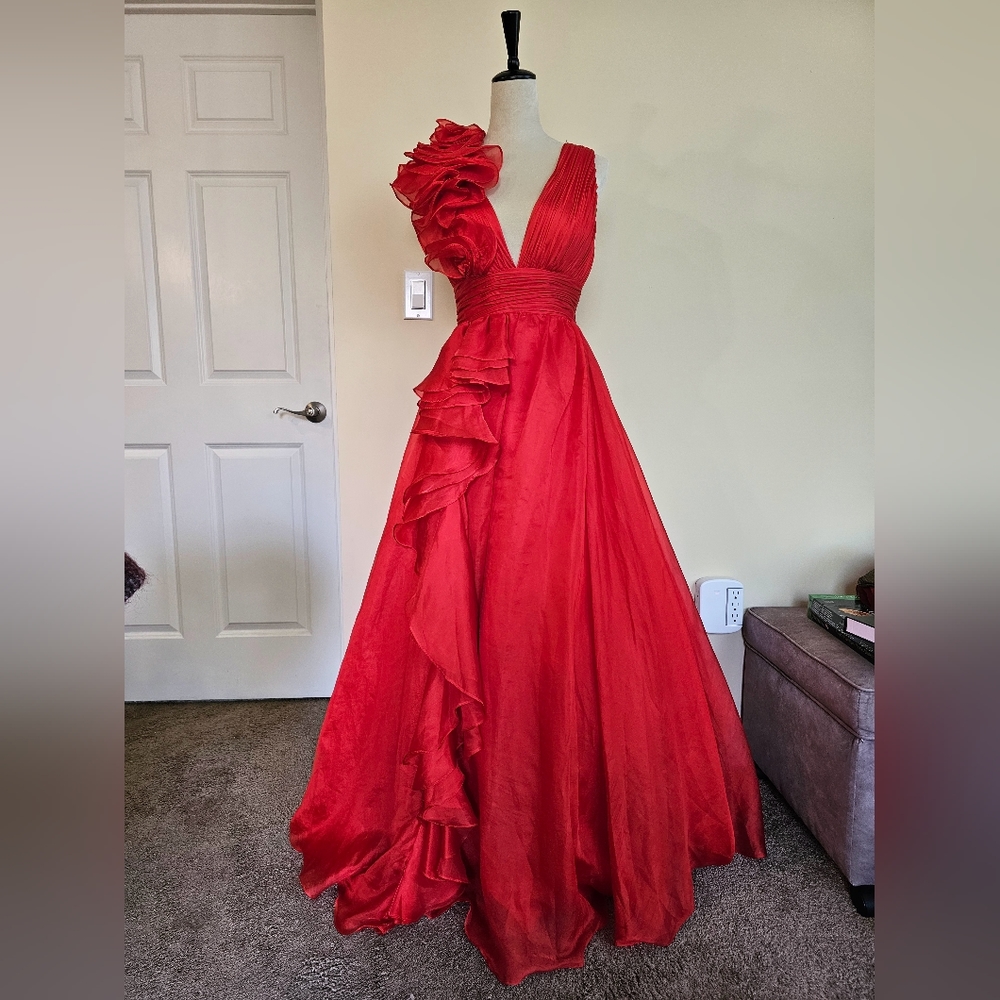 Mac Duggal Sleeveless Floral Ruffle Ruched Chiffon Ball Gown in Red, size 2